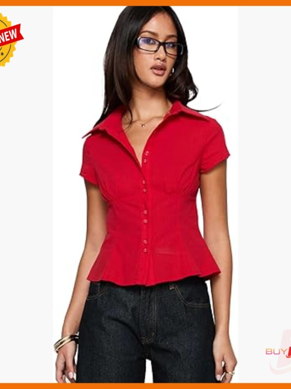 Cotton Button Down Crop Blouse with Ruched Bust and Cap Sleeves